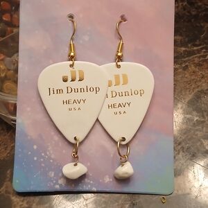 White Guitar Pick Drop Earrings with Gold Accents